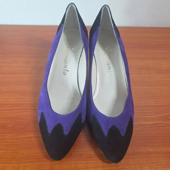 Siamanto Vintage Black & Purple Pumps Sz 6 EUC 80s Quirky Dynasty Almond Toe - Picture 2 of 11